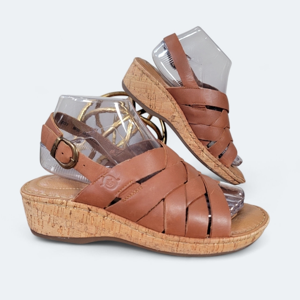 Born Brown Leather Cork Wedge Sandals